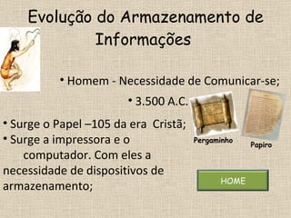 Evolução do Armazenamento de Informações  Homem - Necessidade de Comunicar-se; Pergaminho Papiro 3.500 A.C.  Surge o Papel –105 da era  Cristã; Surge a impressora e o  computador. Com eles a necessidade de dispositivos de armazenamento;  HOME 