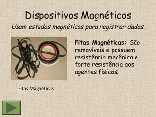 Dispositivos Magnéticos Usam estados magnéticos para registrar dados . Fitas Magnéticas  Fitas Magnéticas:  São removíveis e possuem resistência mecânica e forte resistência aos agentes físicos;  