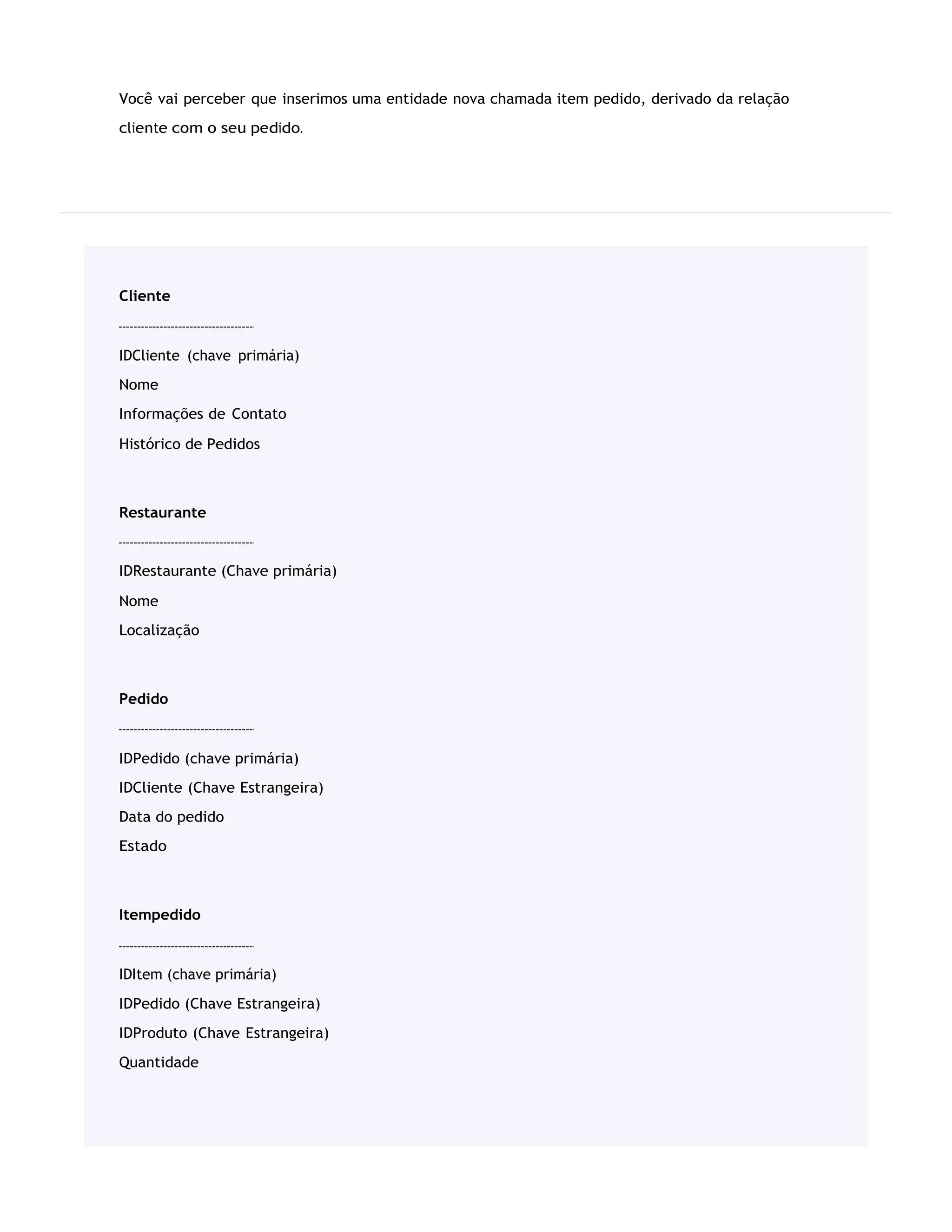 Você vai perceber que inserimos uma entidade nova chamada item pedido, derivado da relação
cliente com o seu pedido.
Cliente
IDCliente (chave primária)
Nome
Informações de Contato
Histórico de Pedidos
Restaurante
IDRestaurante (Chave primária)
Nome
Localização
Pedido
IDPedido (chave primária)
IDCliente (Chave Estrangeira)
Data do pedido
Estado
Itempedido
IDItem (chave primária)
IDPedido (Chave Estrangeira)
IDProduto (Chave Estrangeira)
Quantidade
 