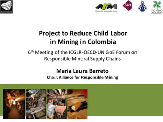 Project to Reduce Child Labor
in Mining in Colombia
6th Meeting of the ICGLR-OECD-UN GoE Forum on
Responsible Mineral Supply Chains

Maria Laura Barreto
Chair, Alliance for Responsible Mining

 
