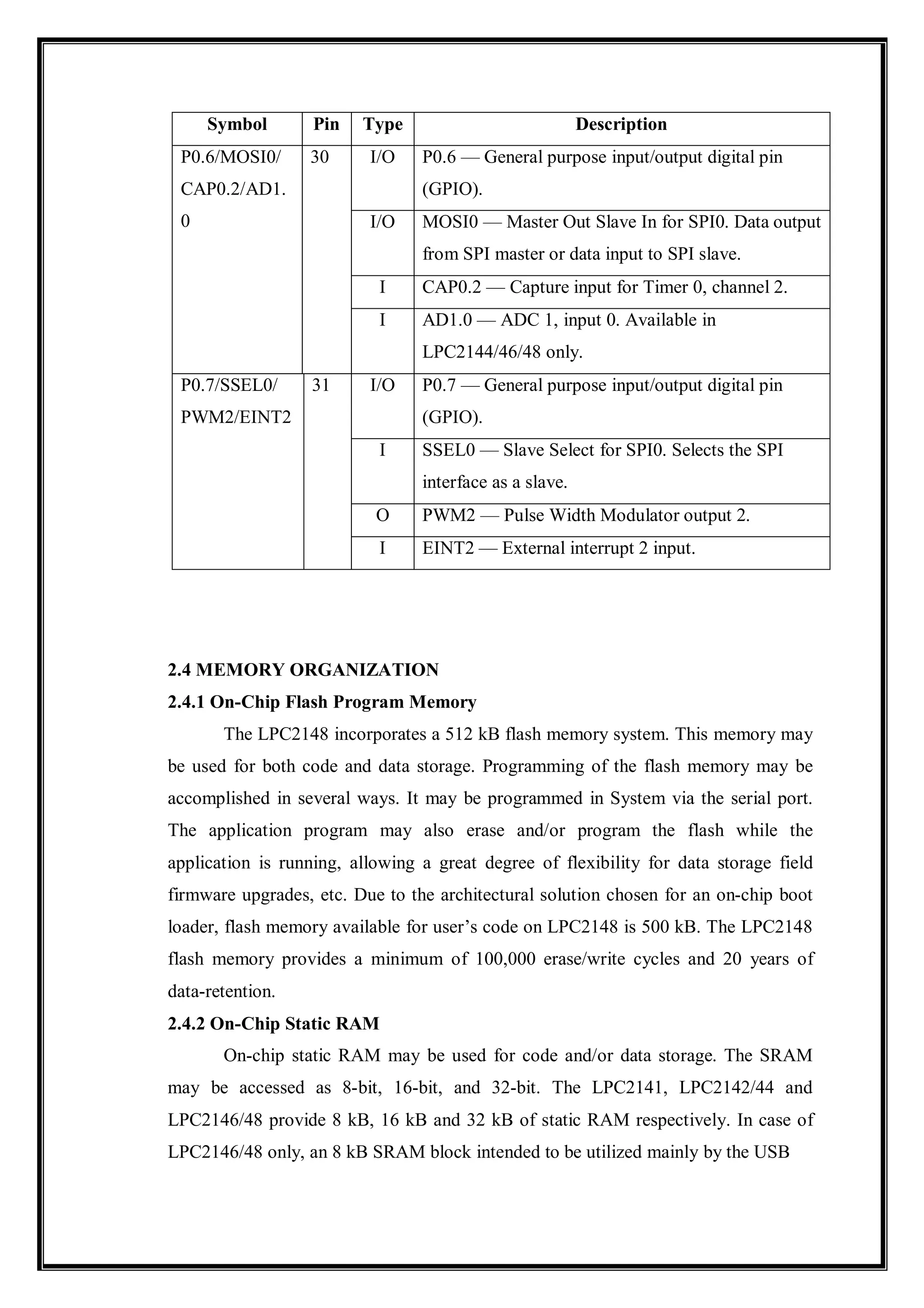 2.4 MEMORY ORGANIZATION
2.4.1 On-Chip Flash Program Memory
The LPC2148 incorporates a 512 kB flash memory system. This memory may
be used for both code and data storage. Programming of the flash memory may be
accomplished in several ways. It may be programmed in System via the serial port.
The application program may also erase and/or program the flash while the
application is running, allowing a great degree of flexibility for data storage field
firmware upgrades, etc. Due to the architectural solution chosen for an on-chip boot
loader, flash memory available for user’s code on LPC2148 is 500 kB. The LPC2148
flash memory provides a minimum of 100,000 erase/write cycles and 20 years of
data-retention.
2.4.2 On-Chip Static RAM
On-chip static RAM may be used for code and/or data storage. The SRAM
may be accessed as 8-bit, 16-bit, and 32-bit. The LPC2141, LPC2142/44 and
LPC2146/48 provide 8 kB, 16 kB and 32 kB of static RAM respectively. In case of
LPC2146/48 only, an 8 kB SRAM block intended to be utilized mainly by the USB
Symbol Pin Type Description
P0.6/MOSI0/
CAP0.2/AD1.
0
30 I/O P0.6 — General purpose input/output digital pin
(GPIO).
I/O MOSI0 — Master Out Slave In for SPI0. Data output
from SPI master or data input to SPI slave.
I CAP0.2 — Capture input for Timer 0, channel 2.
I AD1.0 — ADC 1, input 0. Available in
LPC2144/46/48 only.
P0.7/SSEL0/
PWM2/EINT2
31 I/O P0.7 — General purpose input/output digital pin
(GPIO).
I SSEL0 — Slave Select for SPI0. Selects the SPI
interface as a slave.
O PWM2 — Pulse Width Modulator output 2.
I EINT2 — External interrupt 2 input.
 