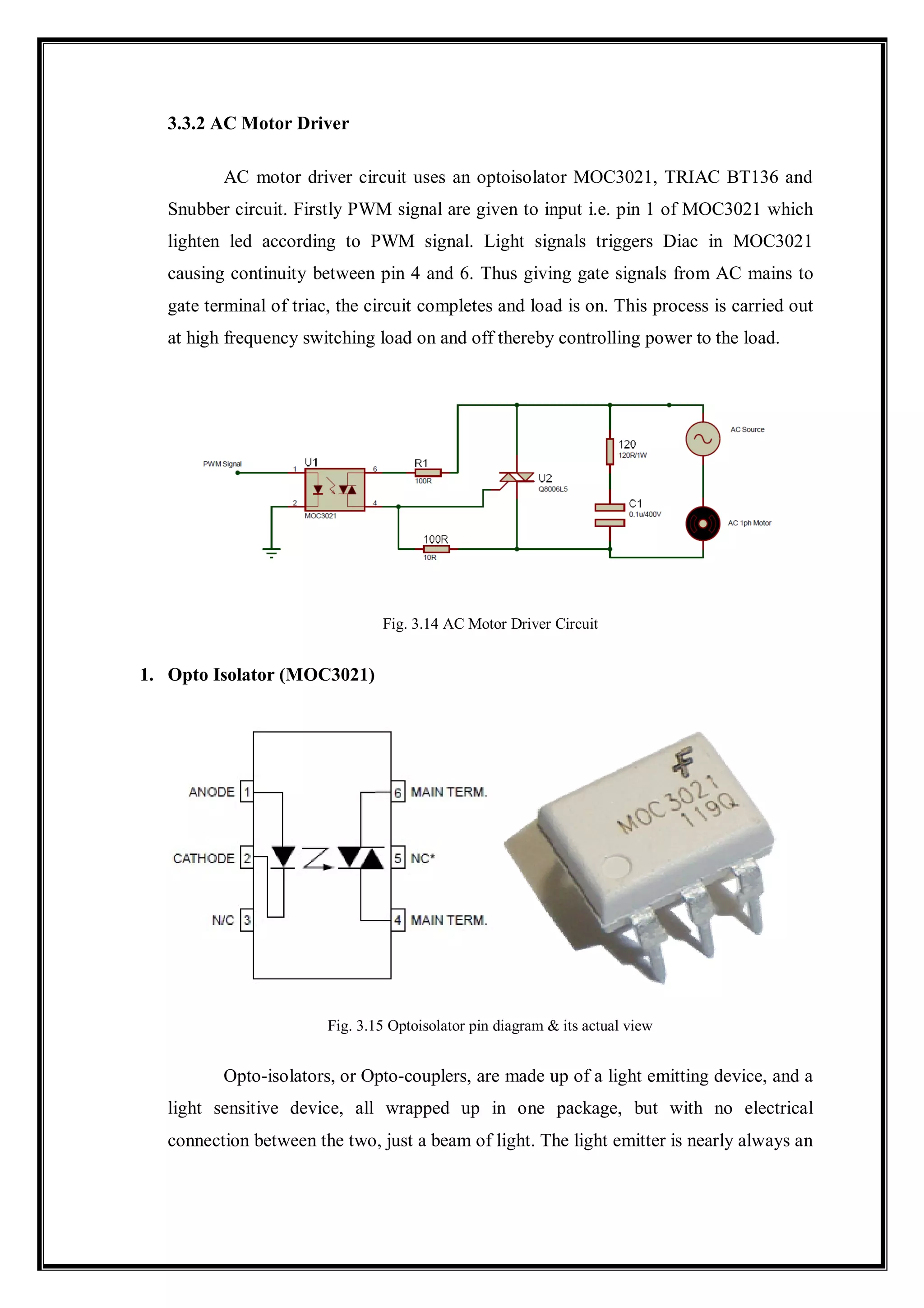 3.3.2 AC Motor Driver
AC motor driver circuit uses an optoisolator MOC3021, TRIAC BT136 and
Snubber circuit. Firstly PWM signal are given to input i.e. pin 1 of MOC3021 which
lighten led according to PWM signal. Light signals triggers Diac in MOC3021
causing continuity between pin 4 and 6. Thus giving gate signals from AC mains to
gate terminal of triac, the circuit completes and load is on. This process is carried out
at high frequency switching load on and off thereby controlling power to the load.
Fig. 3.14 AC Motor Driver Circuit
1. Opto Isolator (MOC3021)
Fig. 3.15 Optoisolator pin diagram & its actual view
Opto-isolators, or Opto-couplers, are made up of a light emitting device, and a
light sensitive device, all wrapped up in one package, but with no electrical
connection between the two, just a beam of light. The light emitter is nearly always an
 