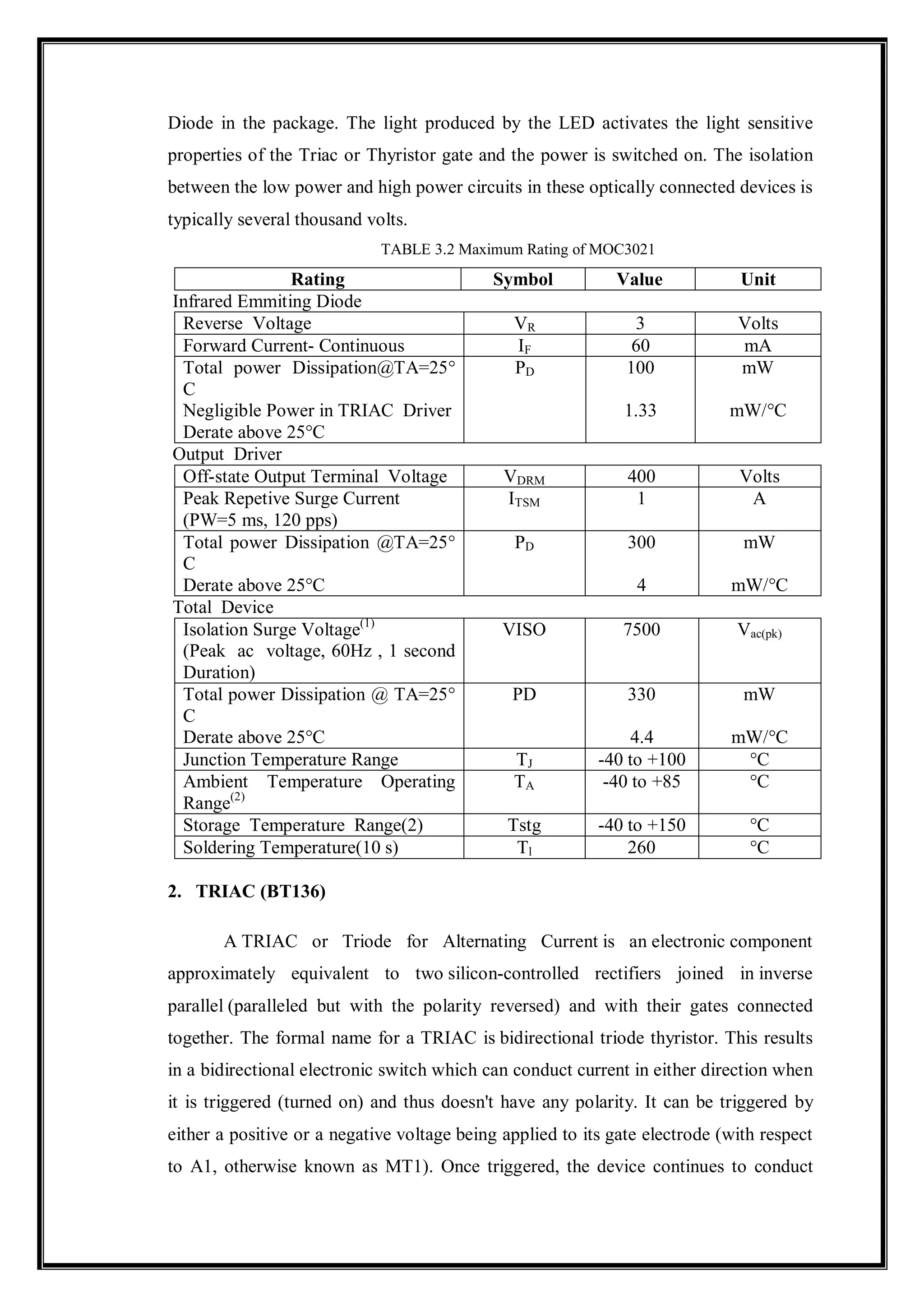 Diode in the package. The light produced by the LED activates the light sensitive
properties of the Triac or Thyristor gate and the power is switched on. The isolation
between the low power and high power circuits in these optically connected devices is
typically several thousand volts.
TABLE 3.2 Maximum Rating of MOC3021
Rating Symbol Value Unit
Infrared Emmiting Diode
Reverse Voltage VR 3 Volts
Forward Current- Continuous IF 60 mA
Total power Dissipation@TA=25°
C
Negligible Power in TRIAC Driver
Derate above 25°C
PD 100
1.33
mW
mW/°C
Output Driver
Off-state Output Terminal Voltage VDRM 400 Volts
Peak Repetive Surge Current
(PW=5 ms, 120 pps)
ITSM 1 A
Total power Dissipation @TA=25°
C
Derate above 25°C
PD 300
4
mW
mW/°C
Total Device
Isolation Surge Voltage(1)
(Peak ac voltage, 60Hz , 1 second
Duration)
VISO 7500 Vac(pk)
Total power Dissipation @ TA=25°
C
Derate above 25°C
PD 330
4.4
mW
mW/°C
Junction Temperature Range TJ -40 to +100 °C
Ambient Temperature Operating
Range(2)
TA -40 to +85 °C
Storage Temperature Range(2) Tstg -40 to +150 °C
Soldering Temperature(10 s) Tl 260 °C
2. TRIAC (BT136)
A TRIAC or Triode for Alternating Current is an electronic component
approximately equivalent to two silicon-controlled rectifiers joined in inverse
parallel (paralleled but with the polarity reversed) and with their gates connected
together. The formal name for a TRIAC is bidirectional triode thyristor. This results
in a bidirectional electronic switch which can conduct current in either direction when
it is triggered (turned on) and thus doesn't have any polarity. It can be triggered by
either a positive or a negative voltage being applied to its gate electrode (with respect
to A1, otherwise known as MT1). Once triggered, the device continues to conduct
 