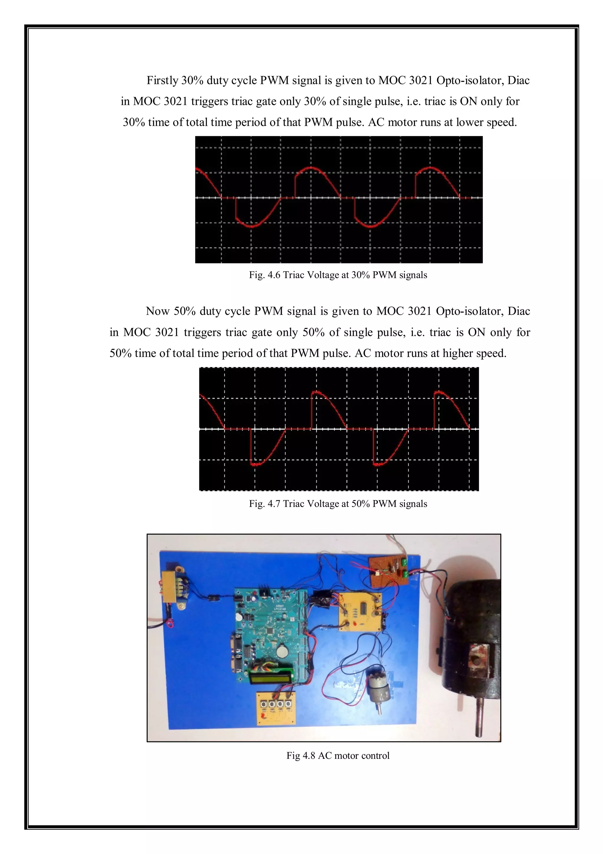 Firstly 30% duty cycle PWM signal is given to MOC 3021 Opto-isolator, Diac
in MOC 3021 triggers triac gate only 30% of single pulse, i.e. triac is ON only for
30% time of total time period of that PWM pulse. AC motor runs at lower speed.
Fig. 4.6 Triac Voltage at 30% PWM signals
Now 50% duty cycle PWM signal is given to MOC 3021 Opto-isolator, Diac
in MOC 3021 triggers triac gate only 50% of single pulse, i.e. triac is ON only for
50% time of total time period of that PWM pulse. AC motor runs at higher speed.
Fig. 4.7 Triac Voltage at 50% PWM signals
Fig 4.8 AC motor control
 