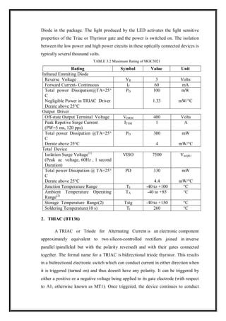 Diode in the package. The light produced by the LED activates the light sensitive
properties of the Triac or Thyristor gate and the power is switched on. The isolation
between the low power and high power circuits in these optically connected devices is
typically several thousand volts.
TABLE 3.2 Maximum Rating of MOC3021
Rating Symbol Value Unit
Infrared Emmiting Diode
Reverse Voltage VR 3 Volts
Forward Current- Continuous IF 60 mA
Total power Dissipation@TA=25°
C
Negligible Power in TRIAC Driver
Derate above 25°C
PD 100
1.33
mW
mW/°C
Output Driver
Off-state Output Terminal Voltage VDRM 400 Volts
Peak Repetive Surge Current
(PW=5 ms, 120 pps)
ITSM 1 A
Total power Dissipation @TA=25°
C
Derate above 25°C
PD 300
4
mW
mW/°C
Total Device
Isolation Surge Voltage(1)
(Peak ac voltage, 60Hz , 1 second
Duration)
VISO 7500 Vac(pk)
Total power Dissipation @ TA=25°
C
Derate above 25°C
PD 330
4.4
mW
mW/°C
Junction Temperature Range TJ -40 to +100 °C
Ambient Temperature Operating
Range(2)
TA -40 to +85 °C
Storage Temperature Range(2) Tstg -40 to +150 °C
Soldering Temperature(10 s) Tl 260 °C
2. TRIAC (BT136)
A TRIAC or Triode for Alternating Current is an electronic component
approximately equivalent to two silicon-controlled rectifiers joined in inverse
parallel (paralleled but with the polarity reversed) and with their gates connected
together. The formal name for a TRIAC is bidirectional triode thyristor. This results
in a bidirectional electronic switch which can conduct current in either direction when
it is triggered (turned on) and thus doesn't have any polarity. It can be triggered by
either a positive or a negative voltage being applied to its gate electrode (with respect
to A1, otherwise known as MT1). Once triggered, the device continues to conduct
 