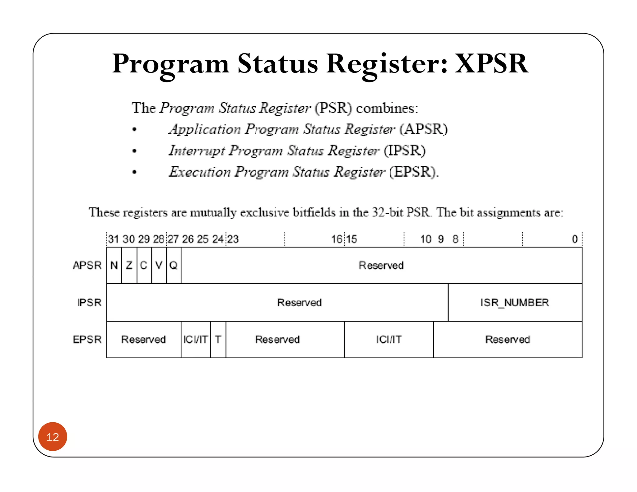 Program Status Register: XPSR 12 