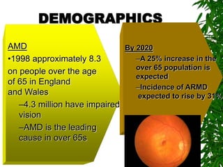 DEMOGRAPHICS
AMD
•1998 approximately 8.3
on people over the age
of 65 in England
and Wales
–4.3 million have impaired
vision
–AMD is the leading
cause in over 65s
By 2020
–A 25% increase in the
over 65 population is
expected
–Incidence of ARMD
expected to rise by 31%
 
