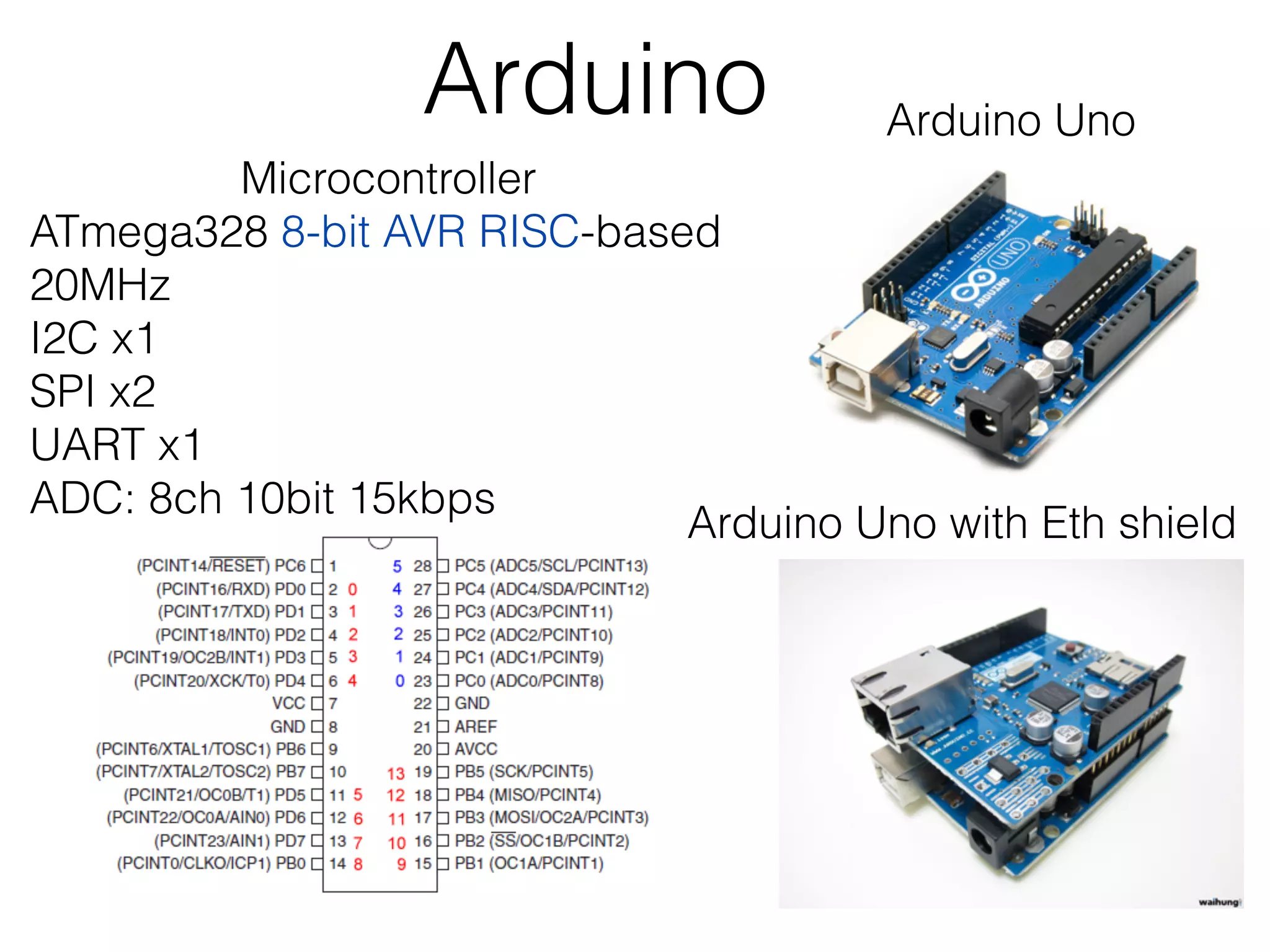 Arduino Arduino Uno Microcontroller ATmega328 8-bit AVR RISC-based 20MHz I2C x1  SPI x2 UART x1  ADC: 8ch 10bit 15kbps Arduino Uno with Eth shield 