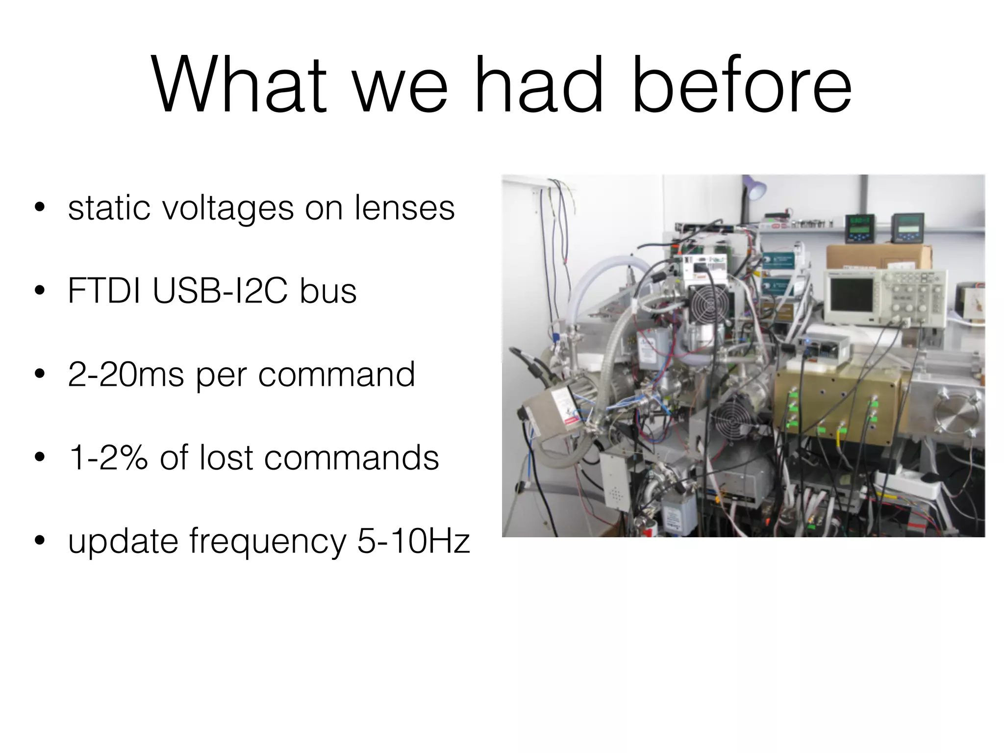What we had before • static voltages on lenses • FTDI USB-I2C bus • 2-20ms per command • 1-2% of lost commands • update frequency 5-10Hz 