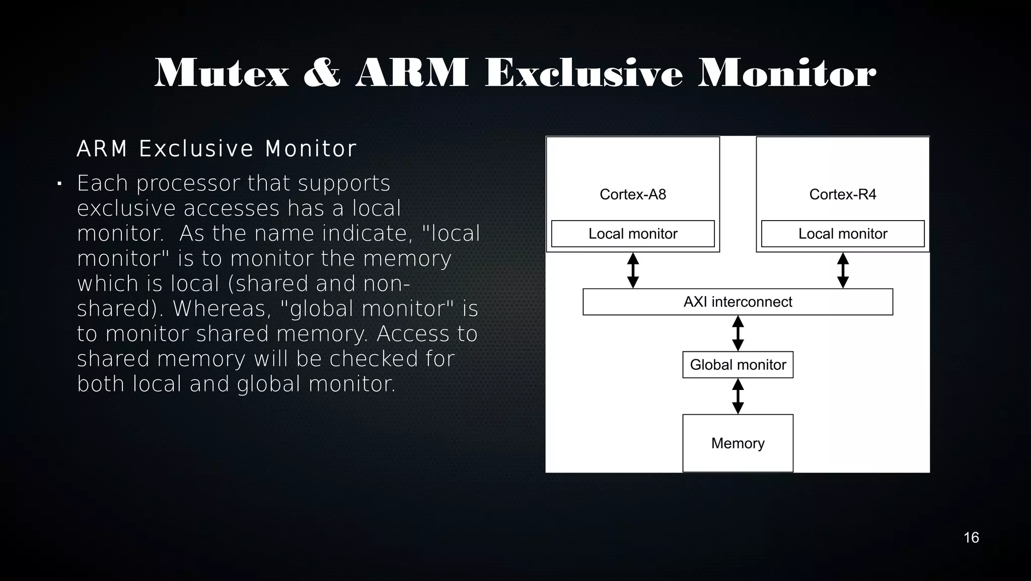 16 
Mutex & ARM Exclusive Monitor 
ARM Exclusive Monitor 
 Each processor that supports 
exclusive accesses has a local 
monitor. As the name indicate, "local 
monitor" is to monitor the memory 
which is local (shared and non-shared). 
Whereas, "global monitor" is 
to monitor shared memory. Access to 
shared memory will be checked for 
both local and global monitor. 
 
