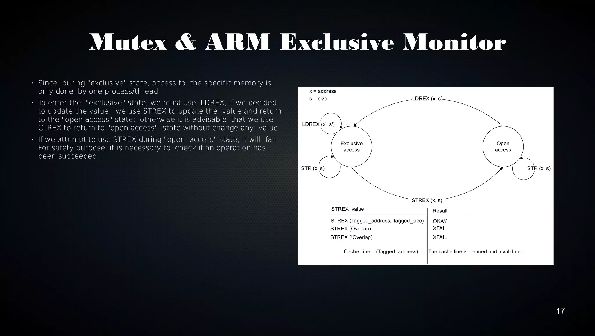 17 
Mutex & ARM Exclusive Monitor 
 Since during "exclusive" state, access to the specific memory is 
only done by one process/thread. 
 To enter the "exclusive" state, we must use LDREX, if we decided 
to update the value, we use STREX to update the value and return 
to the "open access" state; otherwise it is advisable that we use 
CLREX to return to "open access" state without change any value. 
 If we attempt to use STREX during "open access" state, it will fail. 
For safety purpose, it is necessary to check if an operation has 
been succeeded. 
