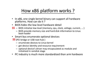 How x86 platform works ?
• In x86, one single kernel binary can support all hardware
platforms. How can do it ?
• BIOS hides the low level hardware detail
– BIOS initialize low level (memory, cpu, clock, voltage, current, … )
– BIOS provide memory size and hard disk information to Linux
boot-loader
• Smart bus enumerate optional devices
(PCI bridge or USB root hub )
– enumerate devices to Linux kernel
– get device identity and resource requirement
– optional device’s driver may encapsulated as module and
initialized in ramdisk stage
• PC industry is much more standardized than arm hardware
$$
$$
 