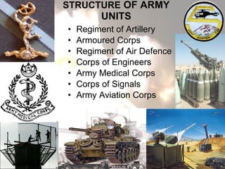 STRUCTURE  OF ARMY UNITS Regiment of Artillery  Armoured Corps Regiment of Air Defence  Corps of Engineers  Army Medical Corps  Corps of Signals  Army Aviation Corps 
