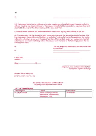 10
A. ...................................................................................
...........................................................
5. If the accused elects to give evidence or to make a statement or to call witnesses the evidence for the
defence including any statement made by the accused himself shall be recorded on a separate sheet and
attached to this record. The officer dealing with the case shall then:
(i) consider all the evidence and determine whether the accused is guilty of the offence or not; and
(ii) if he determines that the accused is guilty examine and consider the accused's record of service. If he
intends to award the punishment of forfeiture of seniority of rank or of a fine or of stoppages or the finding
will involve a forfeiture of pay or, in the case of a civilian, if he intends to award any punishment, he shall
not announce and record his finding unless the accused says in answer to the following question that he
will accept his ward.
Q. Will you accept my award or do you elect to be tried
court-martial?
A. ...................................................................................
...........................................................
6. FINDING ................................................................................................................................
AWARD .....................................................................................................................................
Date.....................................,19..........
.............................................................
(Signature, rank and appointment of an
appropriate superior authority)
Made this 26th day of May, 1976.
[KP. 2759 Jil. 3/(7); P.N. (PU2
) 140.]
Tan Sri Abu Bakar Samad bin Mohd. Noor,
Secretary to the Armed Forces Council
LIST OF AMENDMENTS
Amending law Citation In force from
P.U.(A) 402/1999 Armed Forces (Summary
Jurisdiction) (Amendment)
Regulations 1999
24-09-1999
 