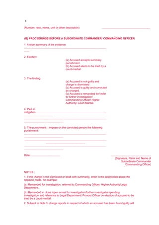 8
(Number, rank, name, unit or other description) .................................................................
(B) PROCEEDINGS BEFORE A SUBORDINATE COMMANDER/ COMMANDING OFFICER
1. A short summary of the evidence
...............................................................................................................
.......
2. Election:
(a) Accused accepts summary
punishment.
(b) Accused elects to be tried by a
court-martial
3. The finding:
(a) Accused is not guilty and
charge is dismissed.
(b) Accused is guilty and convicted
as charged.
(c) Accused is remanded for/ refer
to further investigation/
Commanding Officer/ Higher
Authority/ Court-Martial.
4. Plea in
mitigation................................................................................................
......................................
...............................................................................................................
.....................................................
5. The punishment: I impose on the convicted person the following
punishment:
...............................................................................................................
.....................................................
...............................................................................................................
.....................................................
...............................................................................................................
.....................................................
Date......................................... ......................................................
(Signature, Rank and Name of
Subordinate Commander
/Commanding Officer)
NOTES :
1. If the charge is not dismissed or dealt with summarily, enter in the appropriate place the
decision made, for example:
(a) Remanded for investigation, referred to Commanding Officer/ Higher Authority/Legal
Department.
(b) Remanded in close /open arrest for investigation/further investigation/pending
investigation and reference to Legal Department/ Provost Officer on election of accused to be
tried by a court-martial.
2. Subject to Note 3, charge reports in respect of which an accused has been found guilty will
 