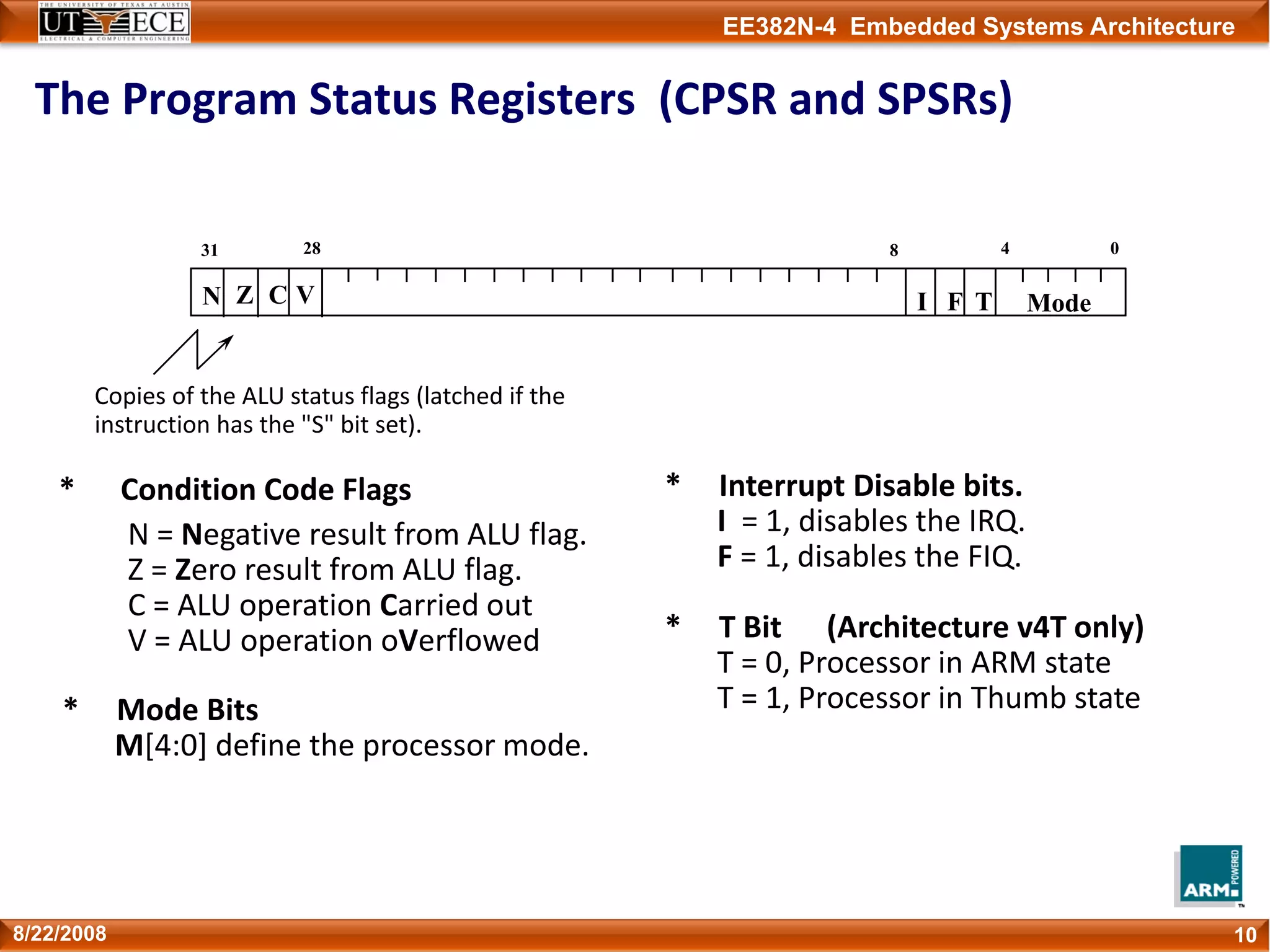 EE382N-4 Embedded Systems Architecture
The Program Status Registers  (CPSR and SPSRs)
108/22/2008
Copies of the ALU status flags (latched if the
instruction has the "S" bit set).
N = Negative result from ALU flag.
Z = Zero result from ALU flag.
C = ALU operation Carried out
V = ALU operation oVerflowed
*     Interrupt Disable bits.
I = 1, disables the IRQ.
F = 1, disables the FIQ.
*     T Bit      (Architecture v4T only)
T = 0, Processor in ARM state
T = 1, Processor in Thumb state 
*      Condition Code Flags
ModeN Z C V
2831 8 4 0
I F T
*     Mode Bits
M[4:0] define the processor mode.
 