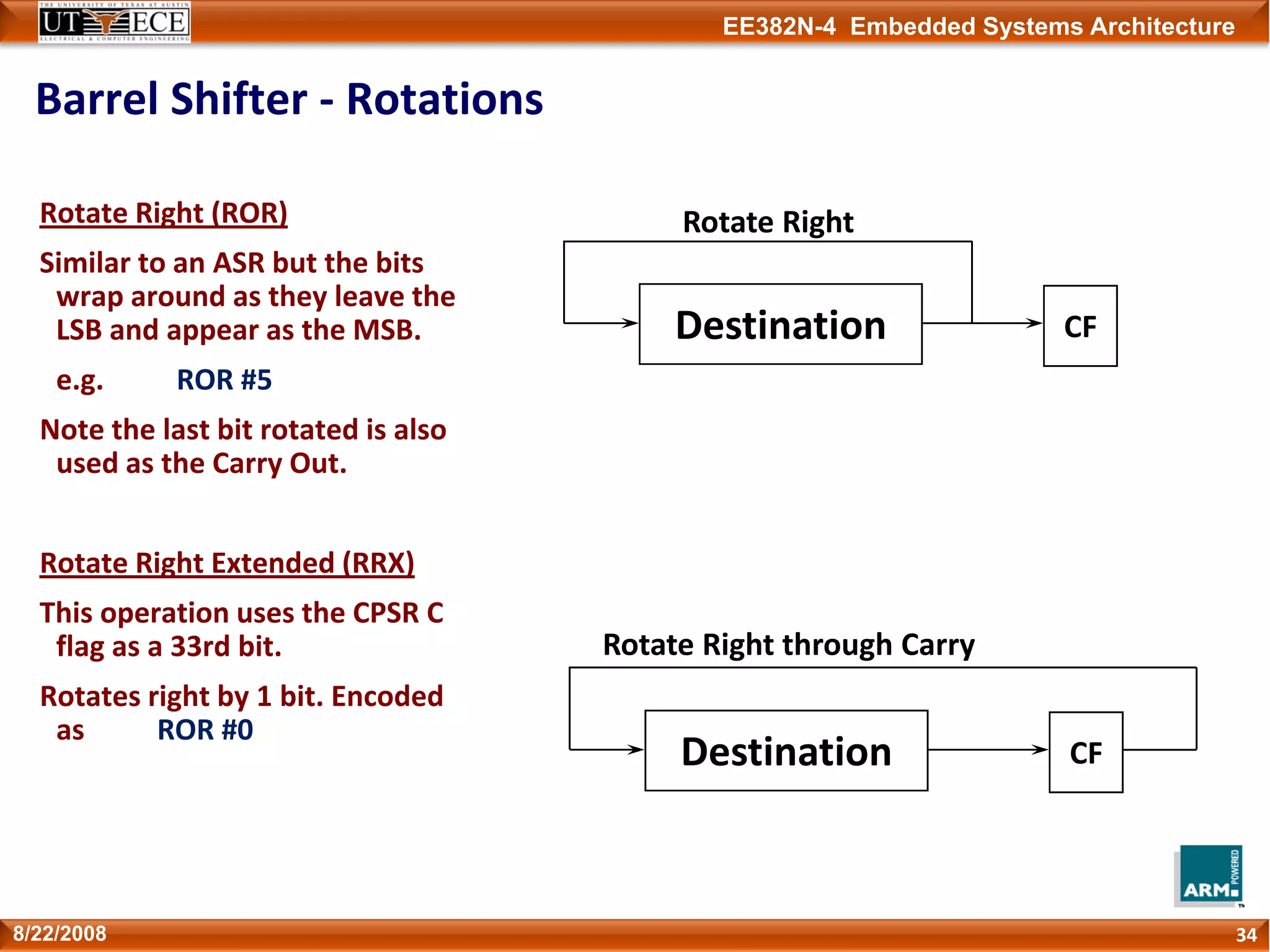 EE382N-4 Embedded Systems Architecture
Barrel Shifter ‐ Rotations 
348/22/2008
Rotate Right (ROR)
Similar to an ASR but the bits 
wrap around as they leave the 
LSB and appear as the MSB.
e.g.          ROR #5
Note the last bit rotated is also 
used as the Carry Out.
Rotate Right Extended (RRX)
This operation uses the CPSR C 
flag as a 33rd bit. 
Rotates right by 1 bit. Encoded 
as          ROR #0
Destination CF
Rotate Right
Destination CF
Rotate Right through Carry
 