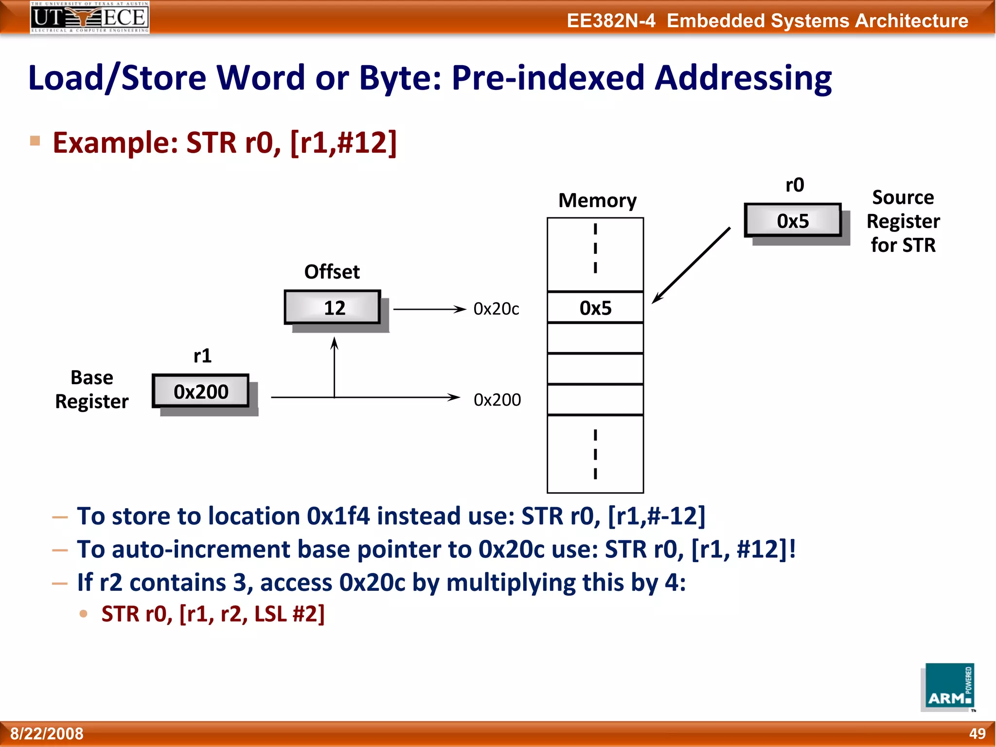 EE382N-4 Embedded Systems Architecture
Load/Store Word or Byte: Pre‐indexed Addressing
Example: STR r0, [r1,#12]
– To store to location 0x1f4 instead use: STR r0, [r1,#‐12]
– To auto‐increment base pointer to 0x20c use: STR r0, [r1, #12]!
– If r2 contains 3, access 0x20c by multiplying this by 4:
• STR r0, [r1, r2, LSL #2]
498/22/2008
r1
0x200
Base
Register
Memory
0x5
0x200
r0
0x5
Source
Register
for STR
Offset
12 0x20c
 