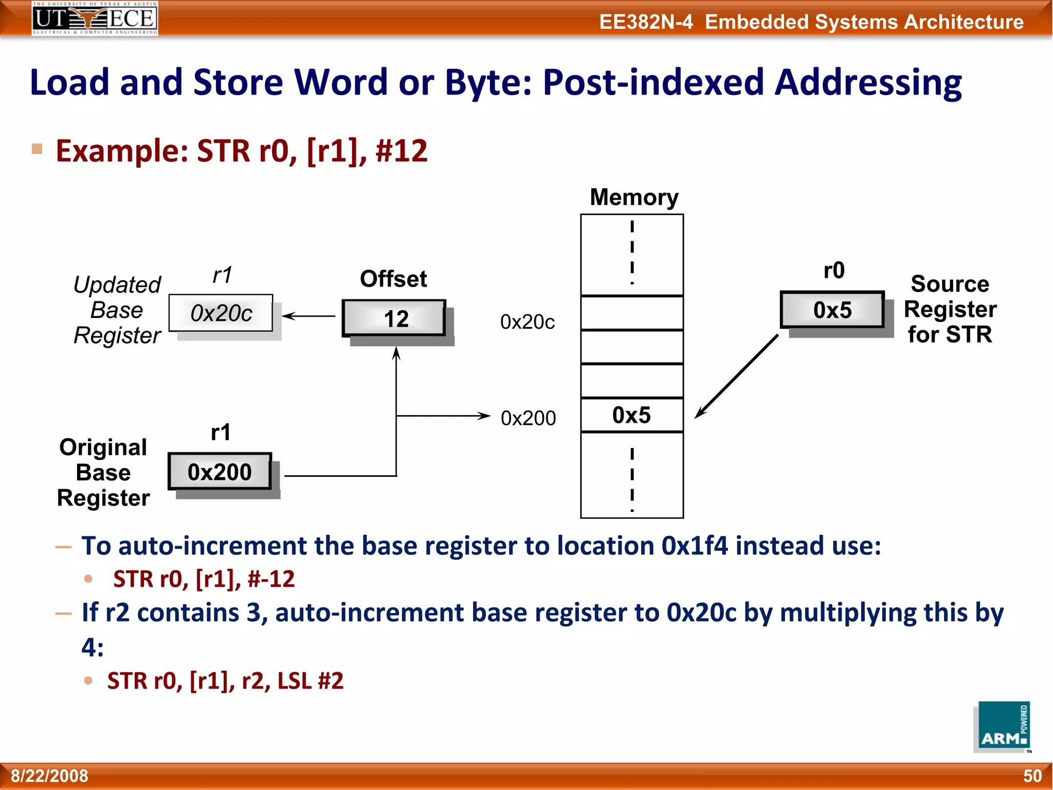 EE382N-4 Embedded Systems Architecture
Load and Store Word or Byte: Post‐indexed Addressing
Example: STR r0, [r1], #12
– To auto‐increment the base register to location 0x1f4 instead use:
• STR r0, [r1], #‐12
– If r2 contains 3, auto‐increment base register to 0x20c by multiplying this by 
4:
• STR r0, [r1], r2, LSL #2
508/22/2008
r1
0x200
Original
Base
Register
Memory
0x50x200
r0
0x5
Source
Register
for STR
Offset
12 0x20c
r1
0x20c
Updated
Base
Register
 