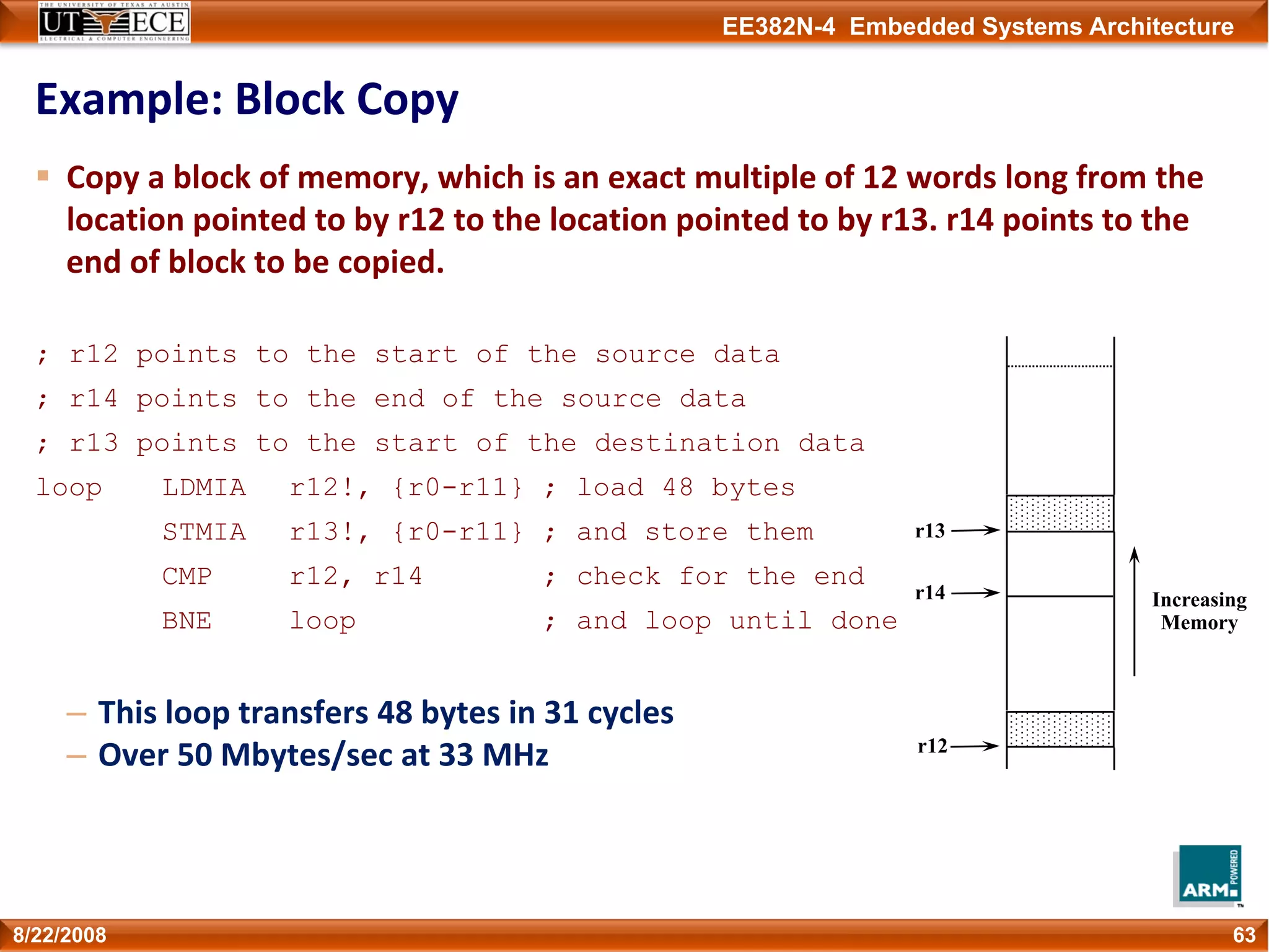 EE382N-4 Embedded Systems Architecture
Example: Block Copy
Copy a block of memory, which is an exact multiple of 12 words long from the 
location pointed to by r12 to the location pointed to by r13. r14 points to the 
end of block to be copied.
; r12 points to the start of the source data
; r14 points to the end of the source data
; r13 points to the start of the destination data
loop LDMIA r12!, {r0-r11} ; load 48 bytes
STMIA r13!, {r0-r11} ; and store them
CMP r12, r14 ; check for the end
BNE loop ; and loop until done
– This loop transfers 48 bytes in 31 cycles
– Over 50 Mbytes/sec at 33 MHz
638/22/2008
r13
r14
r12
Increasing
Memory
 
