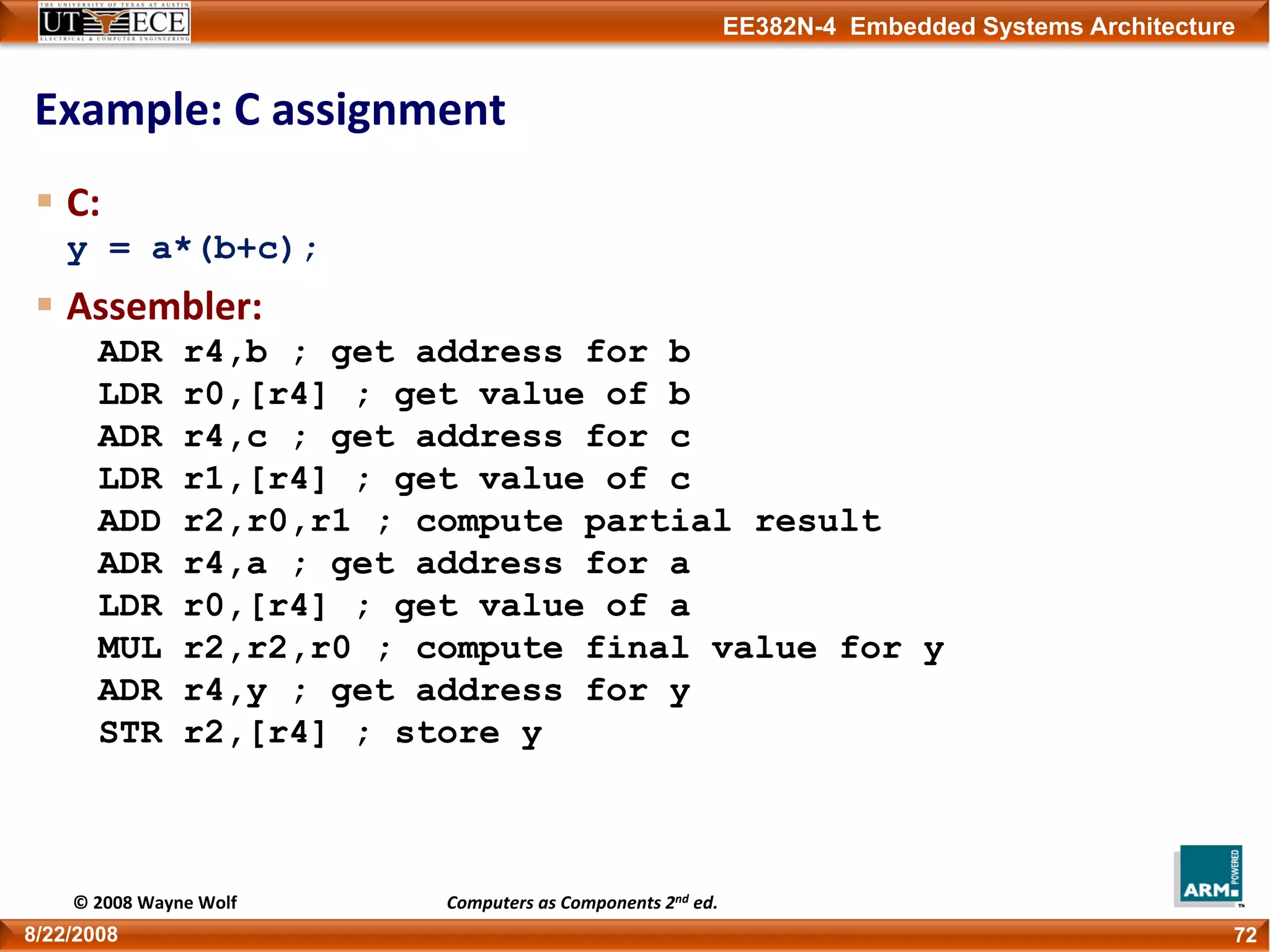 EE382N-4 Embedded Systems Architecture
Example: C assignment
C:
y = a*(b+c);
Assembler:
ADR r4,b ; get address for b
LDR r0,[r4] ; get value of b
ADR r4,c ; get address for c
LDR r1,[r4] ; get value of c
ADD r2,r0,r1 ; compute partial result
ADR r4,a ; get address for a
LDR r0,[r4] ; get value of a
MUL r2,r2,r0 ; compute final value for y
ADR r4,y ; get address for y
STR r2,[r4] ; store y
728/22/2008
© 2008 Wayne Wolf Computers as Components 2nd ed.
 