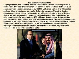 Des moyens considérables
Le programme d'aide saoudien destiné à moderniser l'armée libanaise prévoit la
livraison de différents types d'armement fabriqués par les industriels français. La
première livraison est intervenue en avril 2015. La France a alors livré 48 missiles
antichar Milan prélevés sur les stocks de l'armée française. Une série d'autres
équipements - appareils de vision nocturne, véhicules blindés et légers, drones
légers, moyens de déminage - devaient être initialement livrés en 2015 mais ce
calendrier n'a pas été tenu. Au total, 250 véhicules de combat ou de transport de
troupes (Renault Trucks Defense), sept hélicoptères Cougar (Airbus helicopters), trois
corvettes (CMN) équipées de missiles Mistral (MBDA), de l'artillerie comme 24 canons
autotractés Caesar (Nexter Systems) et des équipements de reconnaissance,
interception et communication (Thales) doivent être livrés dans les prochaines
années, selon le schéma présenté en 2015.
 