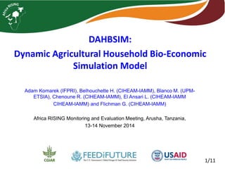 1/11 
DAHBSIM: 
Dynamic Agricultural Household Bio-Economic 
Simulation Model 
Adam Komarek (IFPRI), Belhouchette H. (CIHEAM-IAMM), Blanco M. (UPM-ETSIA), 
Chenoune R. (CIHEAM-IAMM), El Ansari L. (CIHEAM-IAMM) 
and Flichman G. (CIHEAM-IAMM) 
Africa RISING Monitoring and Evaluation Meeting, Arusha, Tanzania, 
13-14 November 2014 
 