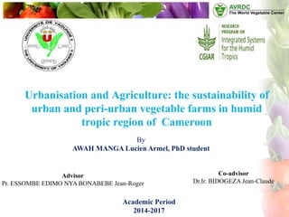 Urbanisation and Agriculture: the sustainability of
urban and peri-urban vegetable farms in humid
tropic region of Cameroon
By
AWAH MANGA Lucien Armel, PhD student
Advisor
Pr. ESSOMBE EDIMO NYA BONABEBE Jean-Roger
Co-advisor
Dr.Ir. BIDOGEZA Jean-Claude
Academic Period
2014-2017
 
