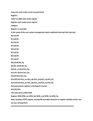 shows for each mode can be accessed Send
Register.
Table 3.2 ARM state mode register
Register each mode access register
Category
Register in assembly
In the name of the user system management abort undefined interrupt fast interrupt
R0 (a1) R0
R1 (a2) R1
R2 (a3) R2
R3 (a4) R3
R4 (v1) R4
R5 (v2) R5
R6 (v3) R6
R7 (v4) R7
R8 (v5) R8 R8_fiq
R9 (SB, v6) R9 R9_fiq
R10 (SL, v7) R10 R10_fiq
R11 (FP, v8) R11 R11_fiq
R12 (IP) R12 R12_fiq
R13 (SP) R13 R13_svc R13_abt R13_und R13_irq R13_fiq
R14 (LR) R14 R14_svc R14_abt R14_und R14_irq R14_fiq
General-purpose registers and program counter
R15 (PC) R15
The state Send a CPSR CPSR
Register SPSR SPSR_svc SPSR_abt SPSR_und SPSR_irq SPSR_fiq
Note: brackets ATPCS register naming RN assembler directive to register multiple names, you
can use. Among them,
===========================================================
 
