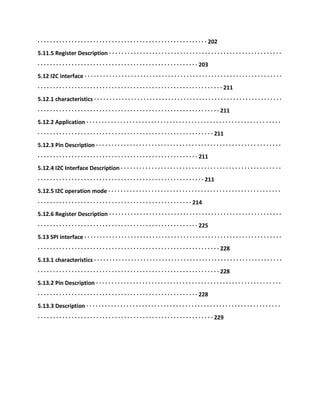 · · · · · · · · · · · · · · · · · · · · · · · · · · · · · · · · · · · · · · · · · · · · · · · · · · · · · · · 202
5.11.5 Register Description · · · · · · · · · · · · · · · · · · · · · · · · · · · · · · · · · · · · · · · · · · · · · · · · · · · · · · · ·
· · · · · · · · · · · · · · · · · · · · · · · · · · · · · · · · · · · · · · · · · · · · · · · · · · · · 203
5.12 I2C interface · · · · · · · · · · · · · · · · · · · · · · · · · · · · · · · · · · · · · · · · · · · · · · · · · · · · · · · · · · · · · · · ·
· · · · · · · · · · · · · · · · · · · · · · · · · · · · · · · · · · · · · · · · · · · · · · · · · · · · · · · · · · · · 211
5.12.1 characteristics · · · · · · · · · · · · · · · · · · · · · · · · · · · · · · · · · · · · · · · · · · · · · · · · · · · · · · · · · · · · ·
· · · · · · · · · · · · · · · · · · · · · · · · · · · · · · · · · · · · · · · · · · · · · · · · · · · · · · · · · · · 211
5.12.2 Application · · · · · · · · · · · · · · · · · · · · · · · · · · · · · · · · · · · · · · · · · · · · · · · · · · · · · · · · · · · · · · ·
· · · · · · · · · · · · · · · · · · · · · · · · · · · · · · · · · · · · · · · · · · · · · · · · · · · · · · · · · 211
5.12.3 Pin Description · · · · · · · · · · · · · · · · · · · · · · · · · · · · · · · · · · · · · · · · · · · · · · · · · · · · · · · · · · · ·
· · · · · · · · · · · · · · · · · · · · · · · · · · · · · · · · · · · · · · · · · · · · · · · · · · · · 211
5.12.4 I2C Interface Description · · · · · · · · · · · · · · · · · · · · · · · · · · · · · · · · · · · · · · · · · · · · · · · · · · · ·
· · · · · · · · · · · · · · · · · · · · · · · · · · · · · · · · · · · · · · · · · · · · · · · · · · · · · · 211
5.12.5 I2C operation mode · · · · · · · · · · · · · · · · · · · · · · · · · · · · · · · · · · · · · · · · · · · · · · · · · · · · · · · ·
· · · · · · · · · · · · · · · · · · · · · · · · · · · · · · · · · · · · · · · · · · · · · · · · · · 214
5.12.6 Register Description · · · · · · · · · · · · · · · · · · · · · · · · · · · · · · · · · · · · · · · · · · · · · · · · · · · · · · · ·
· · · · · · · · · · · · · · · · · · · · · · · · · · · · · · · · · · · · · · · · · · · · · · · · · · · · 225
5.13 SPI interface · · · · · · · · · · · · · · · · · · · · · · · · · · · · · · · · · · · · · · · · · · · · · · · · · · · · · · · · · · · · · · · ·
· · · · · · · · · · · · · · · · · · · · · · · · · · · · · · · · · · · · · · · · · · · · · · · · · · · · · · · · · · · 228
5.13.1 characteristics · · · · · · · · · · · · · · · · · · · · · · · · · · · · · · · · · · · · · · · · · · · · · · · · · · · · · · · · · · · · ·
· · · · · · · · · · · · · · · · · · · · · · · · · · · · · · · · · · · · · · · · · · · · · · · · · · · · · · · · · · · 228
5.13.2 Pin Description · · · · · · · · · · · · · · · · · · · · · · · · · · · · · · · · · · · · · · · · · · · · · · · · · · · · · · · · · · · ·
· · · · · · · · · · · · · · · · · · · · · · · · · · · · · · · · · · · · · · · · · · · · · · · · · · · · 228
5.13.3 Description · · · · · · · · · · · · · · · · · · · · · · · · · · · · · · · · · · · · · · · · · · · · · · · · · · · · · · · · · · · · · · ·
· · · · · · · · · · · · · · · · · · · · · · · · · · · · · · · · · · · · · · · · · · · · · · · · · · · · · · · · · 229
 