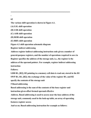 ==================================================
-
62
The various shift operation is shown in Figure 4.1.
(A) LSL shift operation
(B) LSR shift operation
(C) ASR shift operation
(D) ROR shift operation
(E) RRX shift operation
Figure 4.1 shift operation schematic diagram
Register indirect addressing
Address register indirect addressing instruction code given a number of
general-purpose registers, and the number of operations required to save in
Register specifies the address of the storage unit, i.e., the register is the
address of the operand pointer. For example, register indirect addressing
instruction
Follows:
LDR R1, [R2]; R2 pointing to a memory cell data is read out, stored in the R1
SWP R1, R1, [R2]; the exchange of the value of the register R1, and R2
specify the contents of the storage unit
5 Based addressing
Based addressing is the sum of the contents of the base register and
instruction given offset formed operand effective
Address. Based addressing is used to access near the base address of the
storage unit, commonly used in the look-up table, an array of operating
features register access
And so on. Based addressing instruction for example as follows:
 