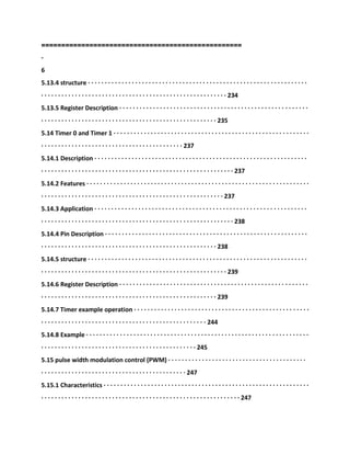 =========
=========================================
-
6
5.13.4 structure · · · · · · · · · · · · · · · · · · · · · · · · · · · · · · · · · · · · · · · · · · · · · · · · · · · · · · · · · · · · · · · · ·
· · · · · · · · · · · · · · · · · · · · · · · · · · · · · · · · · · · · · · · · · · · · · · · · · · · · · · · 234
5.13.5 Register Description · · · · · · · · · · · · · · · · · · · · · · · · · · · · · · · · · · · · · · · · · · · · · · · · · · · · · · · ·
· · · · · · · · · · · · · · · · · · · · · · · · · · · · · · · · · · · · · · · · · · · · · · · · · · · · 235
5.14 Timer 0 and Timer 1 · · · · · · · · · · · · · · · · · · · · · · · · · · · · · · · · · · · · · · · · · · · · · · · · · · · · · · · · · ·
· · · · · · · · · · · · · · · · · · · · · · · · · · · · · · · · · · · · · · · · · · 237
5.14.1 Description · · · · · · · · · · · · · · · · · · · · · · · · · · · · · · · · · · · · · · · · · · · · · · · · · · · · · · · · · · · · · · ·
· · · · · · · · · · · · · · · · · · · · · · · · · · · · · · · · · · · · · · · · · · · · · · · · · · · · · · · · · 237
5.14.2 Features · · · · · · · · · · · · · · · · · · · · · · · · · · · · · · · · · · · · · · · · · · · · · · · · · · · · · · · · · · · · · · · · · ·
· · · · · · · · · · · · · · · · · · · · · · · · · · · · · · · · · · · · · · · · · · · · · · · · · · · · · · 237
5.14.3 Application · · · · · · · · · · · · · · · · · · · · · · · · · · · · · · · · · · · · · · · · · · · · · · · · · · · · · · · · · · · · · · ·
· · · · · · · · · · · · · · · · · · · · · · · · · · · · · · · · · · · · · · · · · · · · · · · · · · · · · · · · · 238
5.14.4 Pin Description · · · · · · · · · · · · · · · · · · · · · · · · · · · · · · · · · · · · · · · · · · · · · · · · · · · · · · · · · · · ·
· · · · · · · · · · · · · · · · · · · · · · · · · · · · · · · · · · · · · · · · · · · · · · · · · · · · 238
5.14.5 structure · · · · · · · · · · · · · · · · · · · · · · · · · · · · · · · · · · · · · · · · · · · · · · · · · · · · · · · · · · · · · · · · ·
· · · · · · · · · · · · · · · · · · · · · · · · · · · · · · · · · · · · · · · · · · · · · · · · · · · · · · · 239
5.14.6 Register Description · · · · · · · · · · · · · · · · · · · · · · · · · · · · · · · · · · · · · · · · · · · · · · · · · · · · · · · ·
· · · · · · · · · · · · · · · · · · · · · · · · · · · · · · · · · · · · · · · · · · · · · · · · · · · · 239
5.14.7 Timer example operation · · · · · · · · · · · · · · · · · · · · · · · · · · · · · · · · · · · · · · · · · · · · · · · · · · · ·
· · · · · · · · · · · · · · · · · · · · · · · · · · · · · · · · · · · · · · · · · · · · · · · · · 244
5.14.8 Example · · · · · · · · · · · · · · · · · · · · · · · · · · · · · · · · · · · · · · · · · · · · · · · · · · · · · · · · · · · · · · · · · ·
· · · · · · · · · · · · · · · · · · · · · · · · · · · · · · · · · · · · · · · · · · · · · · 245
5.15 pulse width modulation control (PWM) · · · · · · · · · · · · · · · · · · · · · · · · · · · · · · · · · · · · · · · · ·
· · · · · · · · · · · · · · · · · · · · · · · · · · · · · · · · · · · · · · · · · · · 247
5.15.1 Characteristics · · · · · · · · · · · · · · · · · · · · · · · · · · · · · · · · · · · · · · · · · · · · · · · · · · · · · · · · · · · · ·
· · · · · · · · · · · · · · · · · · · · · · · · · · · · · · · · · · · · · · · · · · · · · · · · · · · · · · · · · · · 247
 