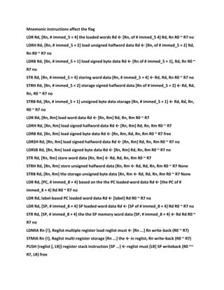 Mnemonic instructions affect the flag
LDR Rd, [Rn, # immed_5 × 4] the loaded words Rd ← [Rn, of # immed_5 4] Rd, Rn R0 ~ R7 no
LDRH Rd, [Rn, # immed_5 × 2] load unsigned halfword data Rd ← [Rn, of # immed_5 × 2] Rd,
Rn R0 ~ R7 no
LDRB Rd, [Rn, # immed_5 × 1] load signed byte data Rd ← [Rn of # immed_5 × 1], Rd, Rn R0 ~
R7 no
STR Rd, [Rn, # immed_5 × 4] storing word data [Rn, # immed_5 × 4] ← Rd, Rd, Rn R0 ~ R7 no
STRH Rd, [Rn, # immed_5 × 2] storage signed halfword data [Rn of # immed_5 × 2] ← Rd, Rd,
Rn, R0 ~ R7 no
STRB Rd, [Rn, # immed_5 × 1] unsigned byte data storage [Rn, # immed_5 × 1] ← Rd, Rd, Rn,
R0 ~ R7 no
LDR Rd, [Rn, Rm] load word data Rd ← [Rn, Rm] Rd, Rn, Rm R0 ~ R7
LDRH Rd, [Rn, Rm] load signed halfword data Rd ← [Rn, Rm] Rd, Rn, Rm R0 ~ R7
LDRB Rd, [Rn, Rm] load signed byte data Rd ← [Rn, Rm, Rd, Rn, Rm R0 ~ R7 free
LDRSH Rd, [Rn, Rm] load signed halfword data Rd ← [Rn, Rm] Rd, Rn, Rm R0 ~ R7 no
LDRSB Rd, [Rn, Rm] load signed byte data Rd ← [Rn, Rm] Rd, Rn, Rm R0 ~ R7 no
STR Rd, [Rn, Rm] store word data [Rn, Rm] ← Rd, Rd, Rn, Rm R0 ~ R7
STRH Rd, [Rn, Rm] store unsigned halfword data [Rn, Rm ← Rd, Rd, Rn, Rm R0 ~ R7 None
STRB Rd, [Rn, Rm] the storage unsigned byte data [Rn, Rm ← Rd, Rd, Rn, Rm R0 ~ R7 None
LDR Rd, [PC, # immed_8 × 4] based on the the PC loaded word data Rd ← [the PC of #
immed_8 × 4] Rd R0 ~ R7 no
LDR Rd, label-based PC loaded word data Rd ← [label] Rd R0 ~ R7 no
LDR Rd, [SP, # immed_8 × 4] SP loaded word data Rd ← [SP of # immed_8 × 4] Rd R0 ~ R7 no
STR Rd, [SP, # immed_8 × 4] the the SP memory word data [SP, # immed_8 × 4] ← Rd Rd R0 ~
R7 no
LDMIA Rn {!}, Reglist multiple register load reglist must ← [Rn ...] Rn write-back (R0 ~ R7)
STMIA Rn {!}, Reglist multi-register storage [Rn ...] the ← in reglist, Rn write-back (R0 ~ R7)
PUSH {reglist [, LR]} register stack instruction [SP ...] ← reglist must [LR] SP writeback (R0 ~~
R7, LR) free
 