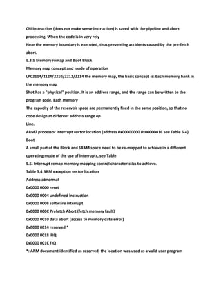 Chi instruction (does not make sense instruction) is saved with the pipeline and abort
processing. When the code is in very rely
Near the memory boundary is executed, thus preventing accidents caused by the pre-fetch
abort.
5.3.5 Memory remap and Boot Block
Memory map concept and mode of operation
LPC2114/2124/2210/2212/2214 the memory map, the basic concept is: Each memory bank in
the memory map
Shot has a "physical" position. It is an address range, and the range can be written to the
program code. Each memory
The capacity of the reservoir space are permanently fixed in the same position, so that no
code design at different address range op
Line.
ARM7 processor interrupt vector location (address 0x00000000 0x0000001C see Table 5.4)
Boot
A small part of the Block and SRAM space need to be re-mapped to achieve in a different
operating mode of the use of interrupts, see Table
5.5. Interrupt remap memory mapping control characteristics to achieve.
Table 5.4 ARM exception vector location
Address abnormal
0x0000 0000 reset
0x0000 0004 undefined instruction
0x0000 0008 software interrupt
0x0000 000C Prefetch Abort (fetch memory fault)
0x0000 0010 data abort (access to memory data error)
0x0000 0014 reserved *
0x0000 0018 IRQ
0x0000 001C FIQ
*: ARM document identified as reserved, the location was used as a valid user program
 