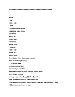 ==================================================
-
134
0.0 GB
128K
0x0000 0000
1.0 GB
Chip memory reserved for
2.0 GB 8K byte Boot Block
0x3FFF FFFF
0x0001 FFFF
0x4000 0000
0x7FFF FFFF
0x4000 4000
2.0 GB - 8K
0x8000 0000
0x4000 3FFF
0x0002 0000
(From the top of the Flash memory remap)
(Boot Block interrupt vectors)
16 kB on-chip SRAM
(SRAM interrupt vector)
Chip memory reserved for
(8k byte Boot Block remapped to higher address range)
Bytes of Flash memory
Interrupt vectors (from Flash, SRAM, or Boot Block)
Note: the memory group are not drawn to scale.
Figure 5.9 shows re-mapping and re-mapping the area of low-end memory space
5.3.6 startup code relevant parts of
 