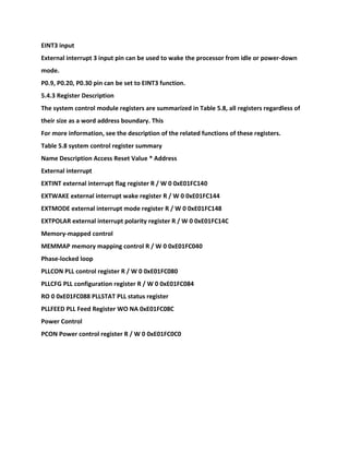 EINT3 input
External interrupt 3 input pin can be used to wake the processor from idle or power-down
mode.
P0.9, P0.20, P0.30 pin can be set to EINT3 function.
5.4.3 Register Description
The system control module registers are summarized in Table 5.8, all registers regardless of
their size as a word address boundary. This
For more information, see the description of the related functions of these registers.
Table 5.8 system control register summary
Name Description Access Reset Value * Address
External interrupt
EXTINT external interrupt flag register R / W 0 0xE01FC140
EXTWAKE external interrupt wake register R / W 0 0xE01FC144
EXTMODE external interrupt mode register R / W 0 0xE01FC148
EXTPOLAR external interrupt polarity register R / W 0 0xE01FC14C
Memory-mapped control
MEMMAP memory mapping control R / W 0 0xE01FC040
Phase-locked loop
PLLCON PLL control register R / W 0 0xE01FC080
PLLCFG PLL configuration register R / W 0 0xE01FC084
RO 0 0xE01FC088 PLLSTAT PLL status register
PLLFEED PLL Feed Register WO NA 0xE01FC08C
Power Control
PCON Power control register R / W 0 0xE01FC0C0
 