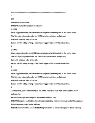 ==================================================
-
144
Connected to the table
EXTINT Function Description Reset value
1 EINT1
Level-triggered mode, pin EINT1 feature is optional and the pin is in the active state,
The bit; edge-triggered mode, pin EINT1 function selection and pin out
Currently selected edge of the bit.
Except for this bit by writing a clear, level triggered pin is in the active state.
0
2 EINT2
Level-triggered mode, pin EINT2 feature is optional and the pin is in the active state,
The bit; edge-triggered mode, pin EINT2 function selection and pin out
Currently selected edge of the bit.
Except for this bit by writing a clear, level triggered pin is in the active state.
0
3 EINT3
Level-triggered mode, pin EINT3 feature is optional and the pin is in the active state,
The bit; edge-triggered mode, pin EINT3 function selection and pin out
Currently selected edge of the bit.
Except for this bit by writing a clear, level triggered pin is in the active state.
0
7:4 Reserved, user software should not write. The value read from a reserved bit is not
defined. NA
External interrupt wake Register (EXTWAKE - 0xE01FC144)
EXTWAKE register enable bits allow the corresponding external interrupt wake the processor
from the power-down mode. Related
EINTn function must be connected to the pin in order to achieve the power-down wake-up
 