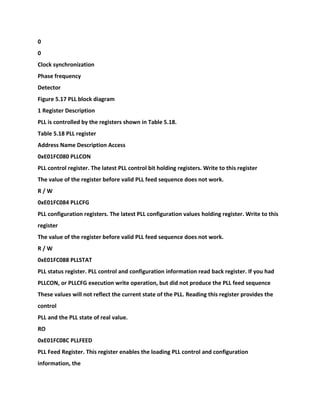 0
0
Clock synchronization
Phase frequency
Detector
Figure 5.17 PLL block diagram
1 Register Description
PLL is controlled by the registers shown in Table 5.18.
Table 5.18 PLL register
Address Name Description Access
0xE01FC080 PLLCON
PLL control register. The latest PLL control bit holding registers. Write to this register
The value of the register before valid PLL feed sequence does not work.
R / W
0xE01FC084 PLLCFG
PLL configuration registers. The latest PLL configuration values holding register. Write to this
register
The value of the register before valid PLL feed sequence does not work.
R / W
0xE01FC088 PLLSTAT
PLL status register. PLL control and configuration information read back register. If you had
PLLCON, or PLLCFG execution write operation, but did not produce the PLL feed sequence
These values will not reflect the current state of the PLL. Reading this register provides the
control
PLL and the PLL state of real value.
RO
0xE01FC08C PLLFEED
PLL Feed Register. This register enables the loading PLL control and configuration
information, the
 