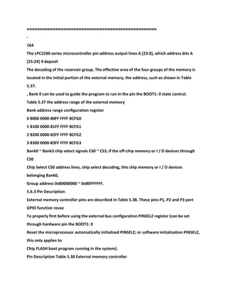 ==================================================
-
164
The LPC2200 series microcontroller pin address output lines A [23:0], which address bits A
[25:24] 4 deposit
The decoding of the reservoir group. The effective area of the four groups of the memory is
located in the initial portion of the external memory, the address, such as shown in Table
5.37.
, Bank 0 can be used to guide the program to run in the pin the BOOT1: 0 state control.
Table 5.37 the address range of the external memory
Bank address range configuration register
0 8000 0000-80FF FFFF BCFG0
1 8100 0000-81FF FFFF BCFG1
2 8200 0000-82FF FFFF BCFG2
3 8300 0000-83FF FFFF BCFG3
Bank0 ~ Bank3 chip select signals CS0 ~ CS3, if the off-chip memory or I / O devices through
CS0
Chip Select CS0 address lines, chip select decoding, this chip memory or I / O devices
belonging Bank0,
Group address 0x80000000 ~ 0x80FFFFFF.
5.6.3 Pin Description
External memory controller pins are described in Table 5.38. These pins P1, P2 and P3 port
GPIO function reuse
To properly first before using the external bus configuration PINSEL2 register (can be set
through hardware pin the BOOT1: 0
Reset the microprocessor automatically initialized PINSEL2; or software initialization PINSEL2,
this only applies to
Chip FLASH boot program running in the system).
Pin Description Table 5.38 External memory controller
 