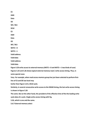 CS
Addr
Data
OE
WE / BLS
XCLK
CS
Addr
Data
OE
WE / BLS
WST2 = 0
WST2 = 1
Valid address
Valid data
Valid address
Valid data
Figure 5.26 write access to external memory (WST2 = 0 and WST2 = 1 two kinds of case)
Figures 5.25 and 5.26 shows typical external memory read / write access timing. Thus, in
some special cases
Vary. For example, when read access memory group has just been selected to perform first-
line of CS and OE low level may
Earlier than Figure 5.25 a XCLK cycle.
Similarly, in several consecutive write access to the SRAM timing, the last write access timing
is shown in Figure 5.26
The same. But on the other hand, the president of the effective time of the the leading write
cycle data of a cycle. Single write access timing with Fig.
5.26, which is one and the same.
5.6.7 External memory select
 