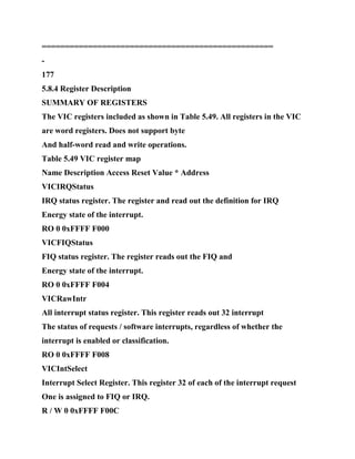 ==================================================
-
177
5.8.4 Register Description
SUMMARY OF REGISTERS
The VIC registers included as shown in Table 5.49. All registers in the VIC
are word registers. Does not support byte
And half-word read and write operations.
Table 5.49 VIC register map
Name Description Access Reset Value * Address
VICIRQStatus
IRQ status register. The register and read out the definition for IRQ
Energy state of the interrupt.
RO 0 0xFFFF F000
VICFIQStatus
FIQ status register. The register reads out the FIQ and
Energy state of the interrupt.
RO 0 0xFFFF F004
VICRawIntr
All interrupt status register. This register reads out 32 interrupt
The status of requests / software interrupts, regardless of whether the
interrupt is enabled or classification.
RO 0 0xFFFF F008
VICIntSelect
Interrupt Select Register. This register 32 of each of the interrupt request
One is assigned to FIQ or IRQ.
R / W 0 0xFFFF F00C
 