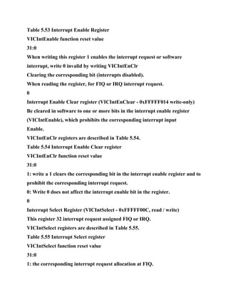Table 5.53 Interrupt Enable Register
VICIntEnable function reset value
31:0
When writing this register 1 enables the interrupt request or software
interrupt, write 0 invalid by writing VICIntEnClr
Clearing the corresponding bit (interrupts disabled).
When reading the register, for FIQ or IRQ interrupt request.
0
Interrupt Enable Clear register (VICIntEnClear - 0xFFFFF014 write-only)
Be cleared in software to one or more bits in the interrupt enable register
(VICIntEnable), which prohibits the corresponding interrupt input
Enable.
VICIntEnClr registers are described in Table 5.54.
Table 5.54 Interrupt Enable Clear register
VICIntEnClr function reset value
31:0
1: write a 1 clears the corresponding bit in the interrupt enable register and to
prohibit the corresponding interrupt request.
0: Write 0 does not affect the interrupt enable bit in the register.
0
Interrupt Select Register (VICIntSelect - 0xFFFFF00C, read / write)
This register 32 interrupt request assigned FIQ or IRQ.
VICIntSelect registers are described in Table 5.55.
Table 5.55 Interrupt Select register
VICIntSelect function reset value
31:0
1: the corresponding interrupt request allocation at FIQ.
 