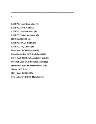 ==================================================
-
LDR PC, UndefinedAddr (2)
LDR PC, SWI_Addr (3)
LDR PC, PrefetchAddr (4)
LDR PC, DataAbortAddr (5)
DCD 0xb9205f80 (6)
LDR PC, [PC, #-0xff0] (7)
LDR PC, FIQ_Addr (8)
ResetAddr DCD ResetInit (9)
UndefinedAddr DCD Undefined (10)
SWI_Addr DCD SoftwareInterrupt (11)
PrefetchAddr DCD PrefetchAbort (12)
DataAbortAddr DCD DataAbort (13)
Nouse DCD 0 (14)
IRQ_Addr DCD 0 (15)
FIQ_Addr DCD FIQ_Handler (16)
...
 