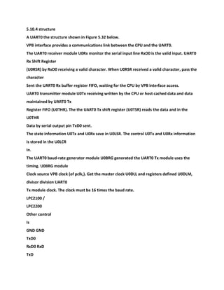 5.10.4 structure
A UART0 the structure shown in Figure 5.32 below.
VPB interface provides a communications link between the CPU and the UART0.
The UART0 receiver module U0Rx monitor the serial input line RxD0 is the valid input. UART0
Rx Shift Register
(U0RSR) by RxD0 receiving a valid character. When U0RSR received a valid character, pass the
character
Sent the UART0 Rx buffer register FIFO, waiting for the CPU by VPB interface access.
UART0 transmitter module U0Tx receiving written by the CPU or host cached data and data
maintained by UART0 Tx
Register FIFO (U0THR). The the UART0 Tx shift register (U0TSR) reads the data and in the
U0THR
Data by serial output pin TxD0 sent.
The state information U0Tx and U0Rx save in U0LSR. The control U0Tx and U0Rx information
is stored in the U0LCR
In.
The UART0 baud-rate generator module U0BRG generated the UART0 Tx module uses the
timing. U0BRG module
Clock source VPB clock (of pclk,). Get the master clock U0DLL and registers defined U0DLM,
divisor division UART0
Tx module clock. The clock must be 16 times the baud rate.
LPC2100 /
LPC2200
Other control
Is
GND GND
TxD0
RxD0 RxD
TxD
 