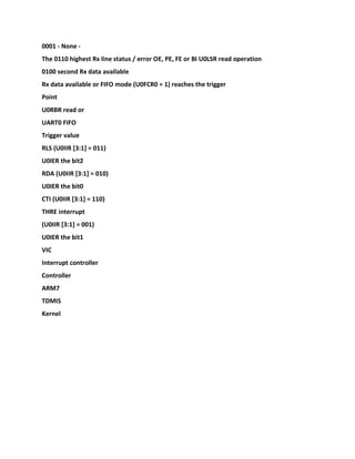 0001 - None -
The 0110 highest Rx line status / error OE, PE, FE or BI U0LSR read operation
0100 second Rx data available
Rx data available or FIFO mode (U0FCR0 = 1) reaches the trigger
Point
U0RBR read or
UART0 FIFO
Trigger value
RLS (U0IIR [3:1] = 011)
U0IER the bit2
RDA (U0IIR [3:1] = 010)
U0IER the bit0
CTI (U0IIR [3:1] = 110)
THRE interrupt
(U0IIR [3:1] = 001)
U0IER the bit1
VIC
Interrupt controller
Controller
ARM7
TDMIS
Kernel
 