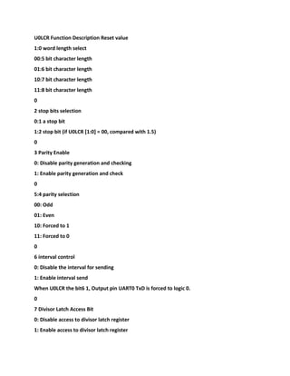 U0LCR Function Description Reset value
1:0 word length select
00:5 bit character length
01:6 bit character length
10:7 bit character length
11:8 bit character length
0
2 stop bits selection
0:1 a stop bit
1:2 stop bit (if U0LCR [1:0] = 00, compared with 1.5)
0
3 Parity Enable
0: Disable parity generation and checking
1: Enable parity generation and check
0
5:4 parity selection
00: Odd
01: Even
10: Forced to 1
11: Forced to 0
0
6 interval control
0: Disable the interval for sending
1: Enable interval send
When U0LCR the bit6 1, Output pin UART0 TxD is forced to logic 0.
0
7 Divisor Latch Access Bit
0: Disable access to divisor latch register
1: Enable access to divisor latch register
 