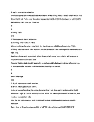 1: parity error state activation
When the parity bit of the received character is in the wrong state, a parity error. U0LSR read
Clear the PE bit. Parity error detection is dependent bit0 of U0FCR. Parity error with UART0
Related RBR FIFO read out character.
0
3
Framing Error
(FE)
0: framing error status is inactive.
1: Framing error status is active
When receiving characters stop bit is 0, a framing error. U0LSR read clears the FE bit.
Framing error detection time depends on U0FCR the bit0. The Framing Error with the UART0
RBR FIFO
Read-out character is associated. When detected a framing error, the Rx will attempt to
resynchronize with the data and
Assume that the bad stop bit is actually an early start bit. But even without a frame error,
It also can not be assumed that the next received byte is correct.
0
4
Break interrupt
(BI)
0: Break interrupt status is inactive.
1: Break interrupt status is active.
In the process of sending the entire character (start bit, data, parity and stop bits) RxD0
Maintain a logic 0, a break interrupt occurs. When the interrupt condition is detected, the
receiver immediately into
Into the idle state changes until RxD0 to all 1s state. U0LSR read clears the status bit.
Between
Every time of detection depends bit0 of U0FCR. Interval interrupt UART0 RBR FIFO
 