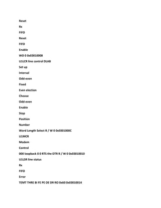 Reset
Rx
FIFO
Reset
FIFO
Enable
WO 0 0xE0010008
U1LCR line control DLAB
Set up
Interval
Odd-even
Fixed
Even election
Choose
Odd-even
Enable
Stop
Position
Number
Word Length Select R / W 0 0xE001000C
U1MCR
Modem
Control
000 loopback 0 0 RTS the DTR R / W 0 0xE0010010
U1LSR line status
Rx
FIFO
Error
TEMT THRE BI FE PE OE DR RO 0x60 0xE0010014
 