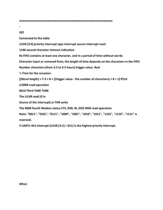 =========
=========================================
-
207
Connected to the table
U1IIR [3:0] priority interrupt type interrupt source interrupt reset
1100 second character timeout indication
Rx FIFO contains at least one character, and in a period of time without words
Character input or removed from, the length of time depends on the characters in the FIFO
Number characters (from 3.5 to 4.5 hours) trigger value. Real
's Time for the occasion:
[(Word length) × 7-2 × 8 + [(trigger value - the number of characters) × 8 + 1] PCLK
U1RBR read operation
0010 Third THRE THRE
The U1IIR read (if in
Source of the interrupt) or THR write
The 0000 fourth Modem status CTS, DSR, RI, DCD MSR read operation
Note: "0011", "0101", "0111", "1000", "1001", "1010", "1011", "1101", "1110", "1111" is
reserved.
� UART1 RLS interrupt (U1IIR [3:1] = 011) is the highest priority interrupt.
When
 