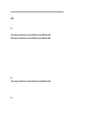 ==================================================
-
209
0
The value read from a reserved bit is not defined. NA
The value read from a reserved bit is not defined. NA
0
The value read from a reserved bit is not defined. NA
0
 